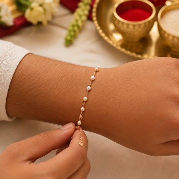 Pearl Chain Silver Rakhi Bracelet with Heart Charm