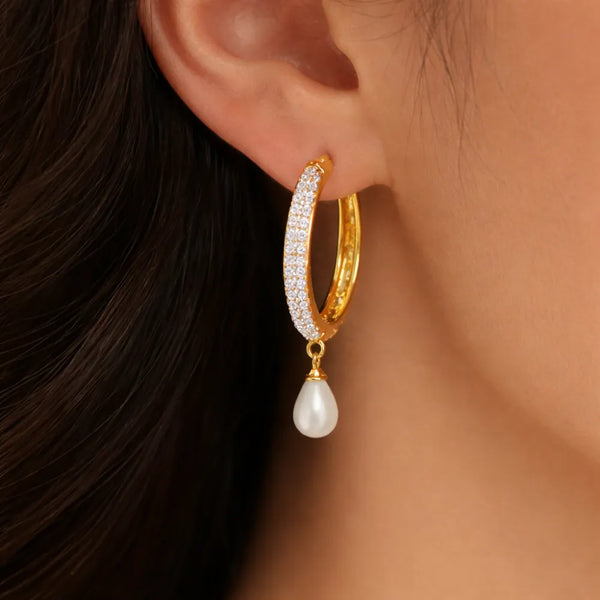 Pearl Hoop Drop Anti-Tarnish Earrings