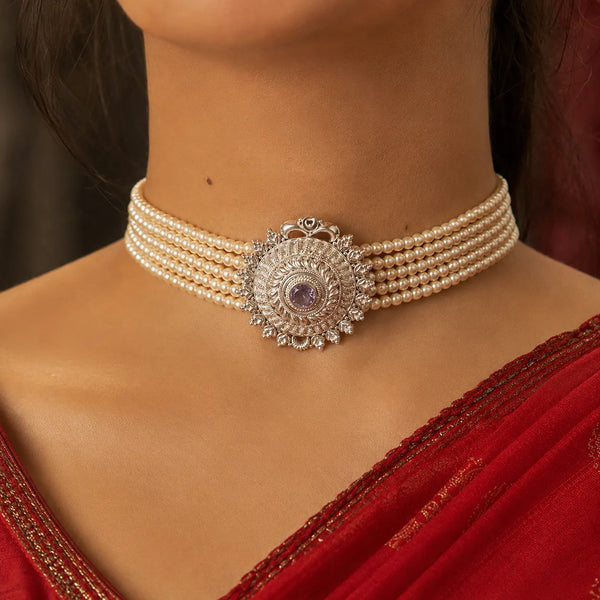 Pearl Medallion 925 Silver Choker