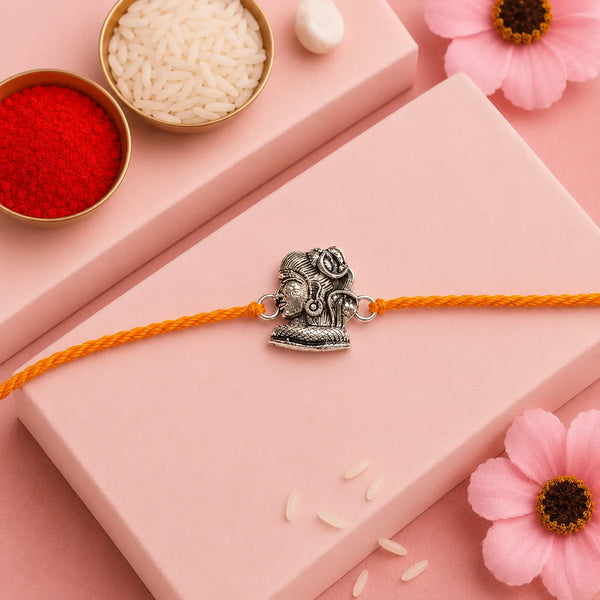 Shiv Parvati Silver Rakhi with Orange Thread