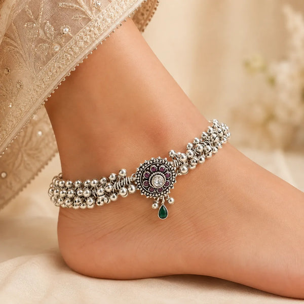 Traditional Floral Ghungroo 925 Silver Payal