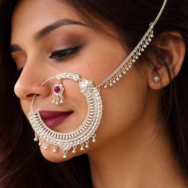 Traditional Silver Nath with Chain