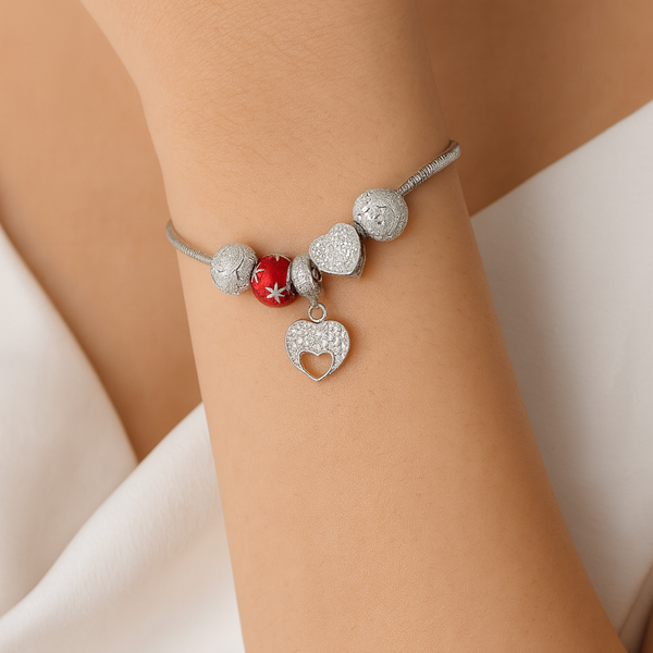 Silver Heart Charm Bead Bracelet