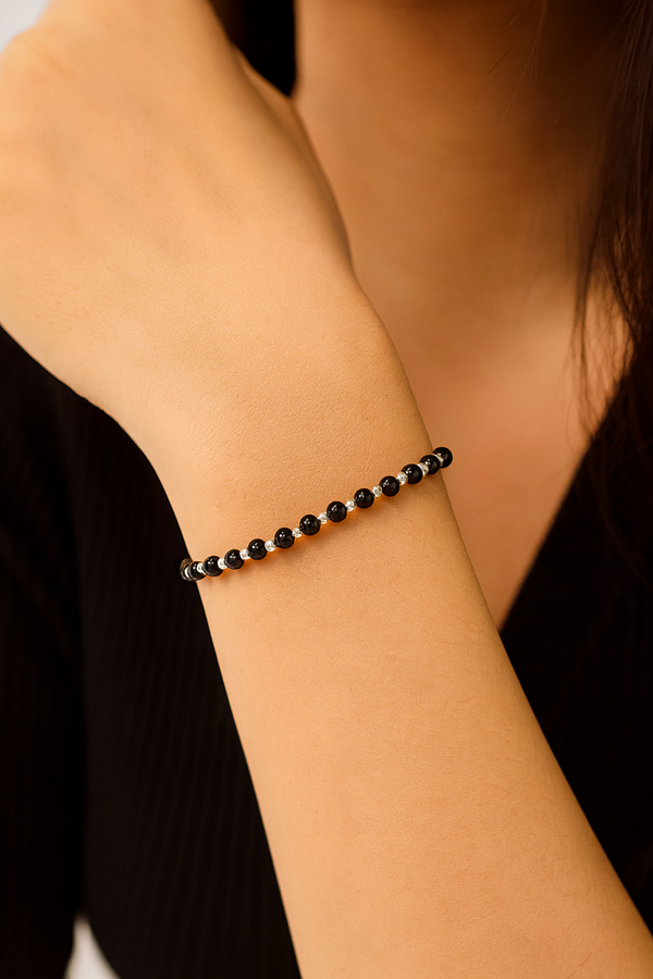 Black Stone Beads Bracelet | Black Onyx & Sterling Silver