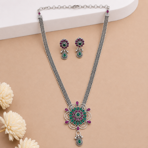 Elegant Silver Necklace Set with Pink & Green Stones | Frolic Jewels