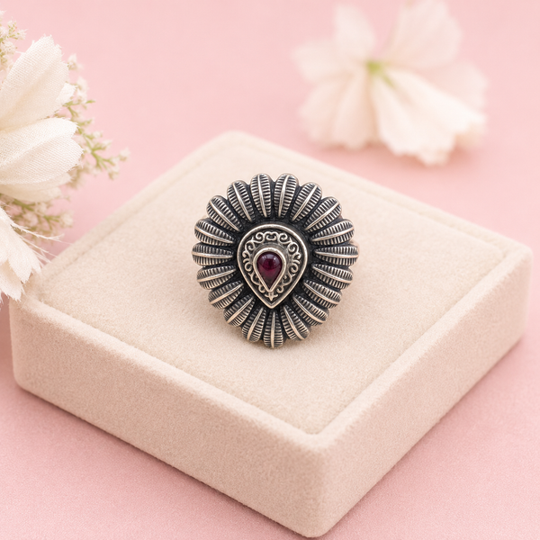 Oxidised Silver Ruby Drop Ring for Women | Frolic Jewels