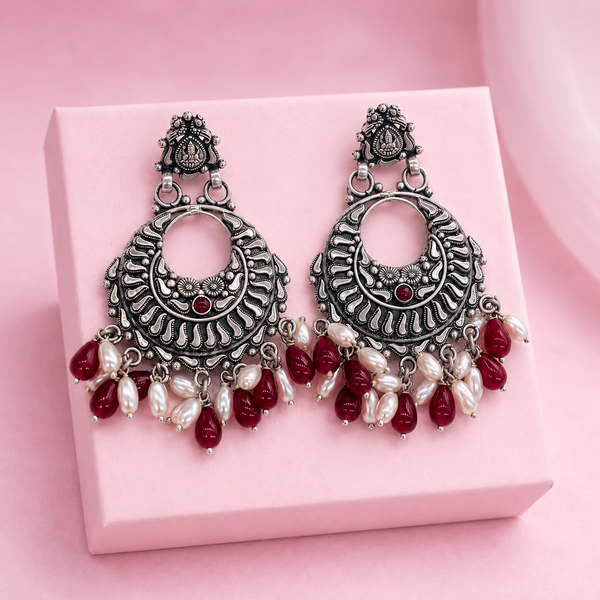 925 Silver Oxidized Temple Chandbali Earring with Red Beads & Pearl Drops