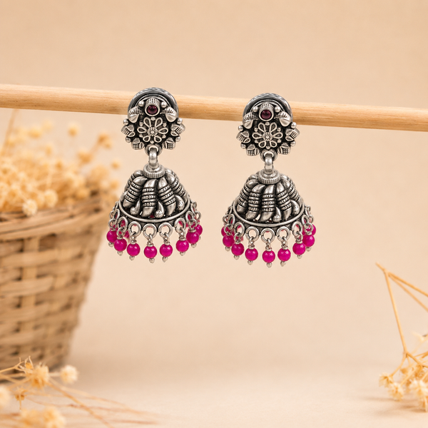 925 Silver Oxidized Floral Jhumka Earrings with Pink Beads