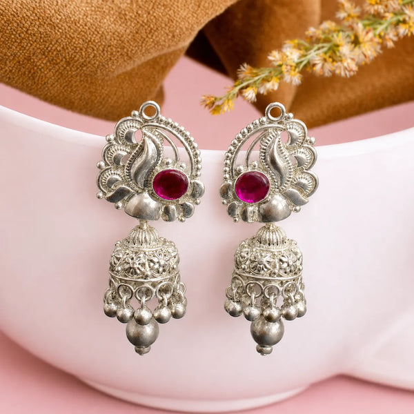 Ruby Peacock Silver Jhumki