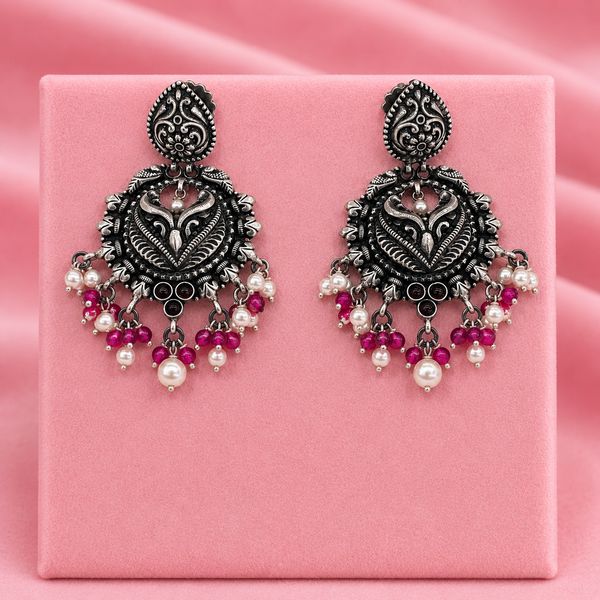 925 Silver Oxidized Heart Design Earrings with Pink Beads & Pearl Drops