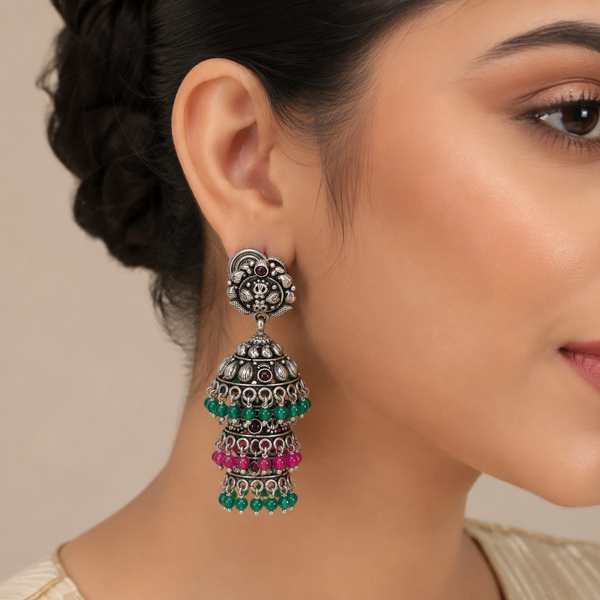 925 Silver Oxidized Multi-Layer Jhumka Earrings with Green & Pink Beads