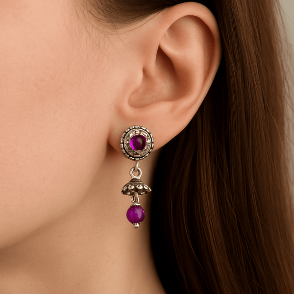 Silver Oxidised Jhumki Earrings with Purple Stone