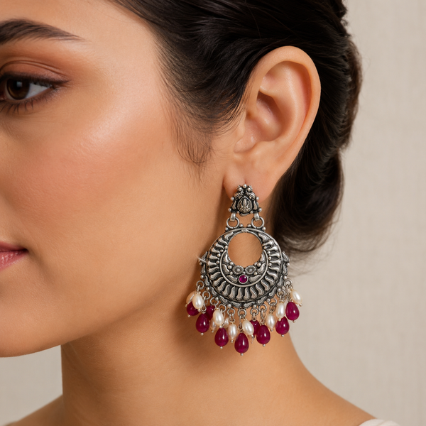 925 Silver Oxidized Temple Chandbali Earring with Red Beads & Pearl Drops