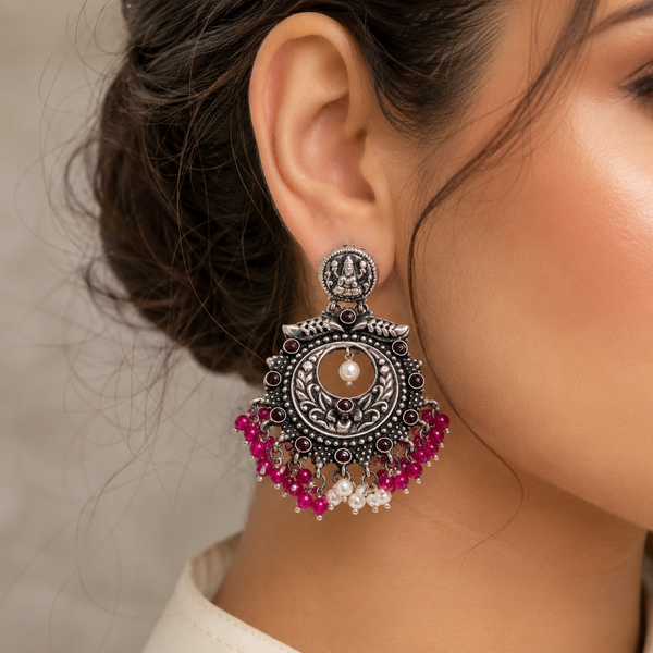 925 Silver Oxidized Temple Chandbali Earrings with Pink Beads & Pearl Drops