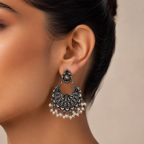 925 Silver Oxidized Chandbali Earring with Pearl Drops