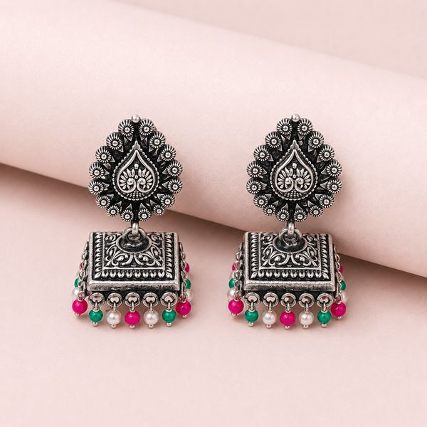 925 Silver Oxidized Square Jhumka Earrings with Pink, Green & Pearl Beads