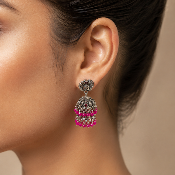925 Silver Oxidized Layered Jhumka Earrings with Pink Beads