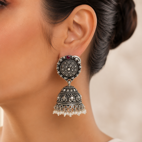 925 Silver Oxidized Jhumka Earrings aRuby Stone & Pearl Drops