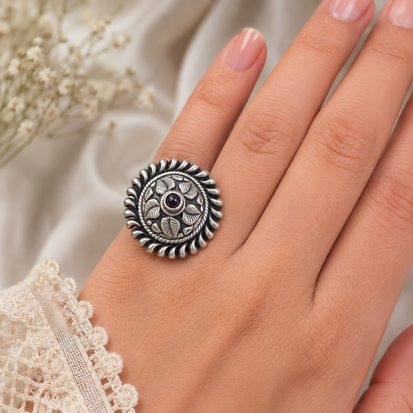Oxidised Silver Ruby Leaf Ring for Women | Frolic Jewels