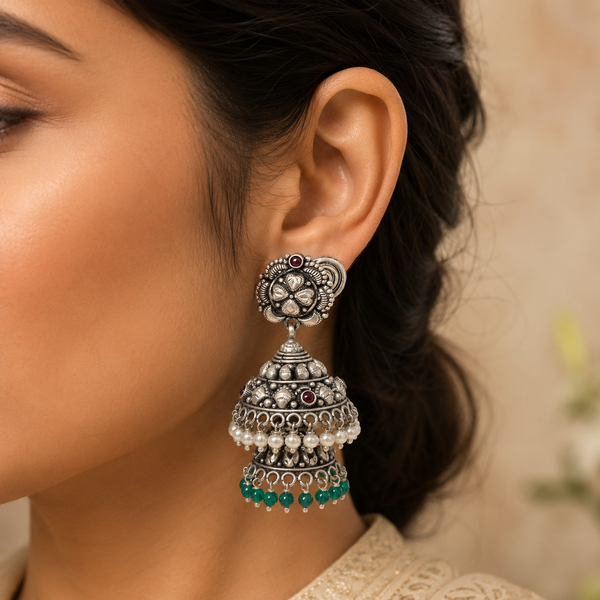 925 Silver Oxidized Jhumka Earrings with Pearl & Green Beads