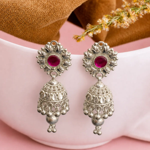 Ruby Pink Floral Silver Jhumki