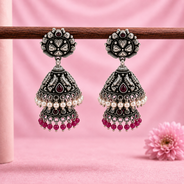 925 Silver Oxidized Double Jhumka Earrings with Pearl & Pink Beads