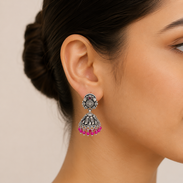925 Silver Oxidized Floral Jhumka Earrings with Pink Beads