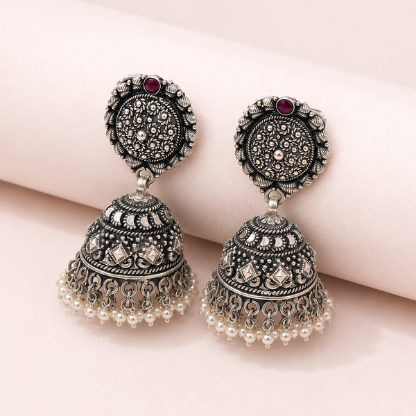 925 Silver Oxidized Jhumka Earrings aRuby Stone & Pearl Drops