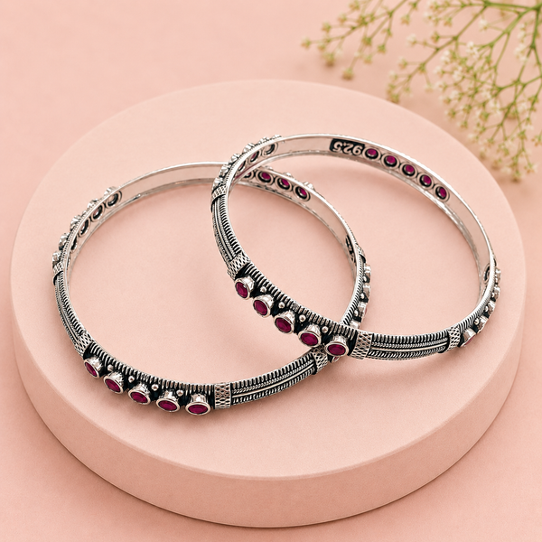 Oxidised Silver Ruby Stone Bangles