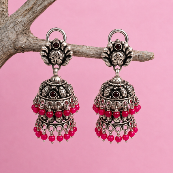 925 Silver Oxidized Layered Jhumka Earrings with Pink Beads