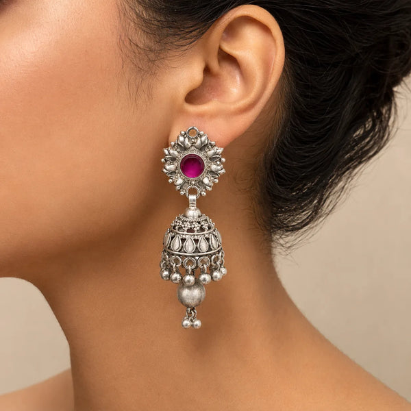 Ruby Pink Floral Silver Jhumki