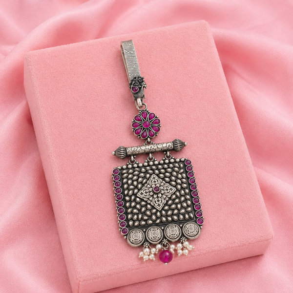 925 Silver Antique Floral Square Key Ring with Pink Stones | Frolic Jewels