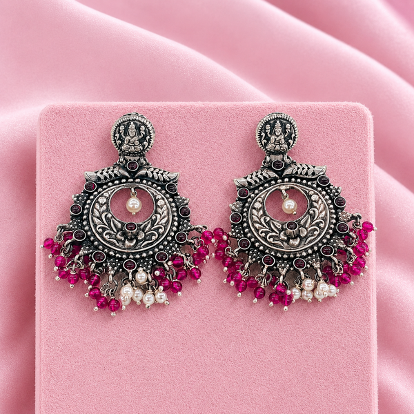925 Silver Oxidized Temple Chandbali Earrings with Pink Beads & Pearl Drops