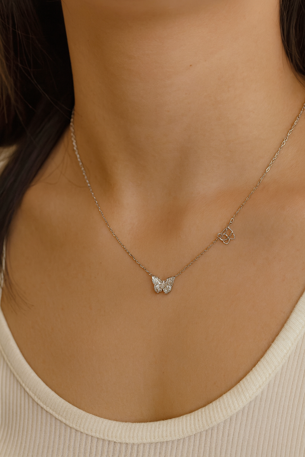 Sparkling Butterfly Silver Pendant Necklace in 925 Sterling Silver