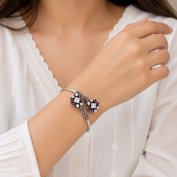 Silver Ruby Crystal Openable Bangle | Frolic Jewels