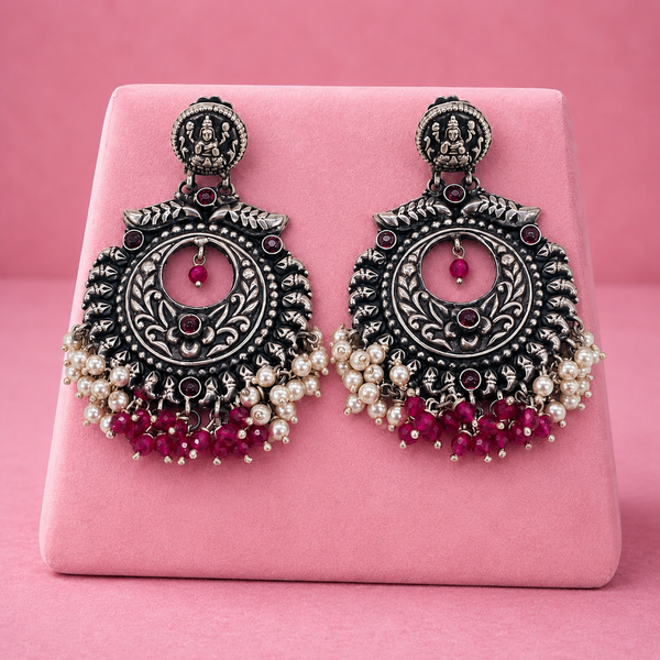 925 Silver Antique Temple Earring with Ruby Pink Beads & Pearl Hangings