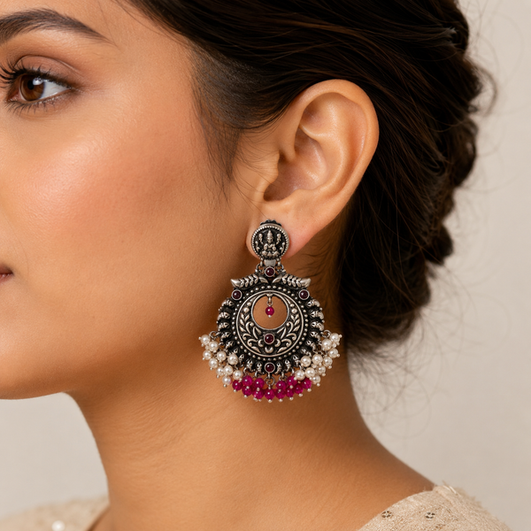 925 Silver Antique Temple Earring with Ruby Pink Beads & Pearl Hangings