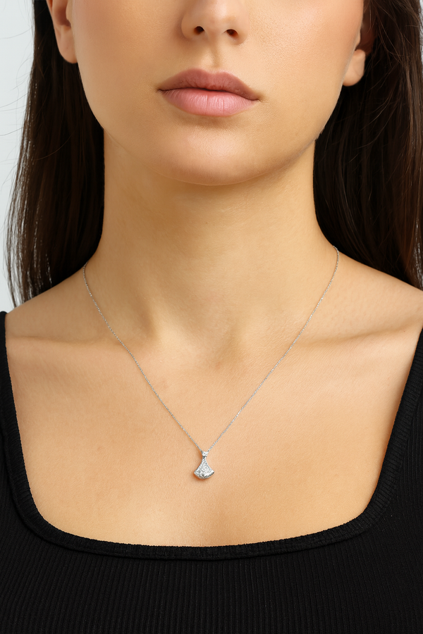 Sparkling Fan-Shaped Silver Pendant Necklace in 925 Sterling Silver