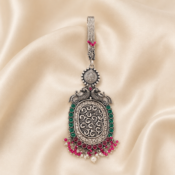 925 Silver Antique Peacock Key Ring with Green & Pink Stone Detailing