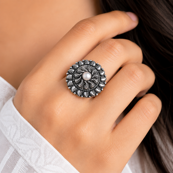 Oxidised Silver Floral Statement Ring| Frolic Jewels