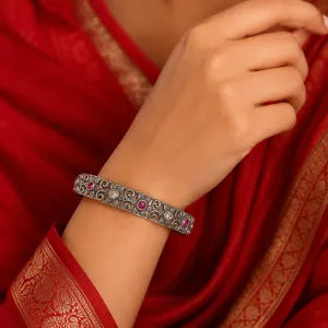 925 Silver Gold Polish Traditional Bangles with Floral Coin Design