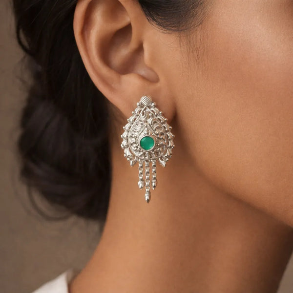 925 Silver Green Stone Dangle Earrings