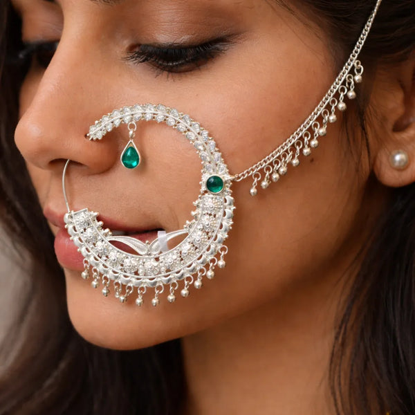 925 Silver Green Stone Nath