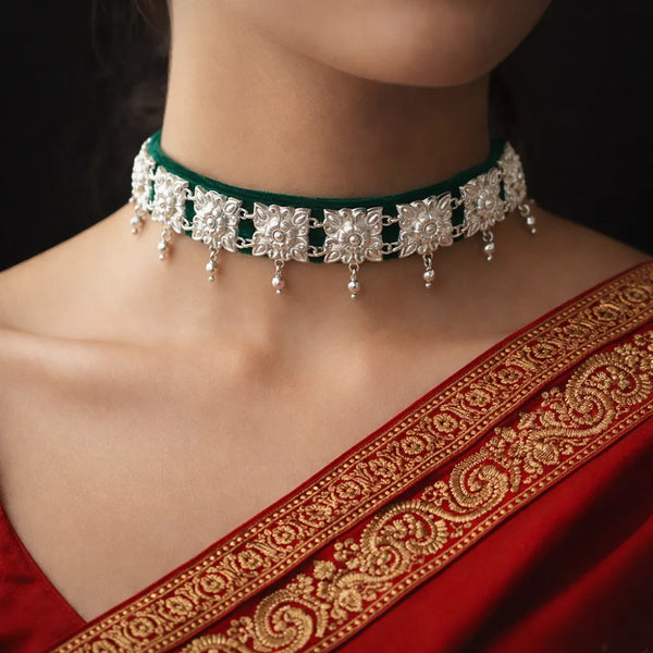 925 Silver Green Velvet Guluband