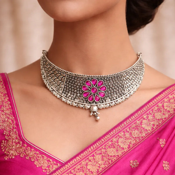 925 Silver Pink Stone Choker