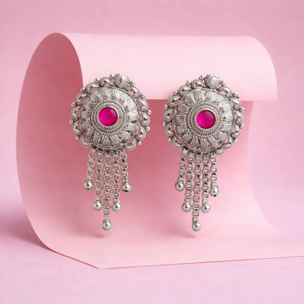 925 Silver Pink Stone Dangle Earrings