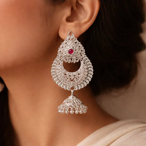 925 Silver Pink Stone Jhumka Earrings