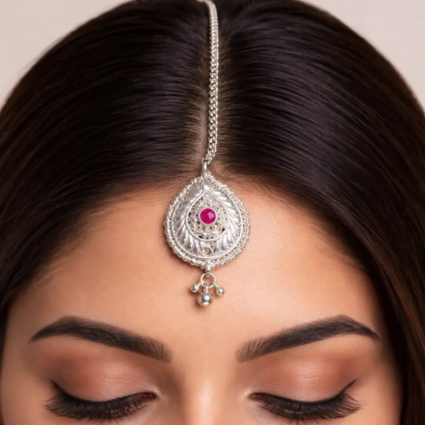 925 Silver Pink Stone Maangtika