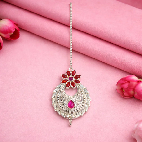 925 Silver Red Pink Stone Maangtika