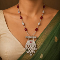 925 Sterling Silver Traditional Jantar Necklace with Red Beads for Women by Frolic Jewels